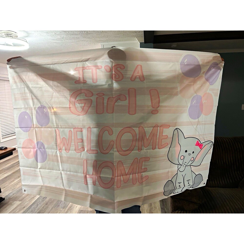 It’s a Girl-Welcome Home, Backdrop Baby Pink Elephant Striped Fabric Banner